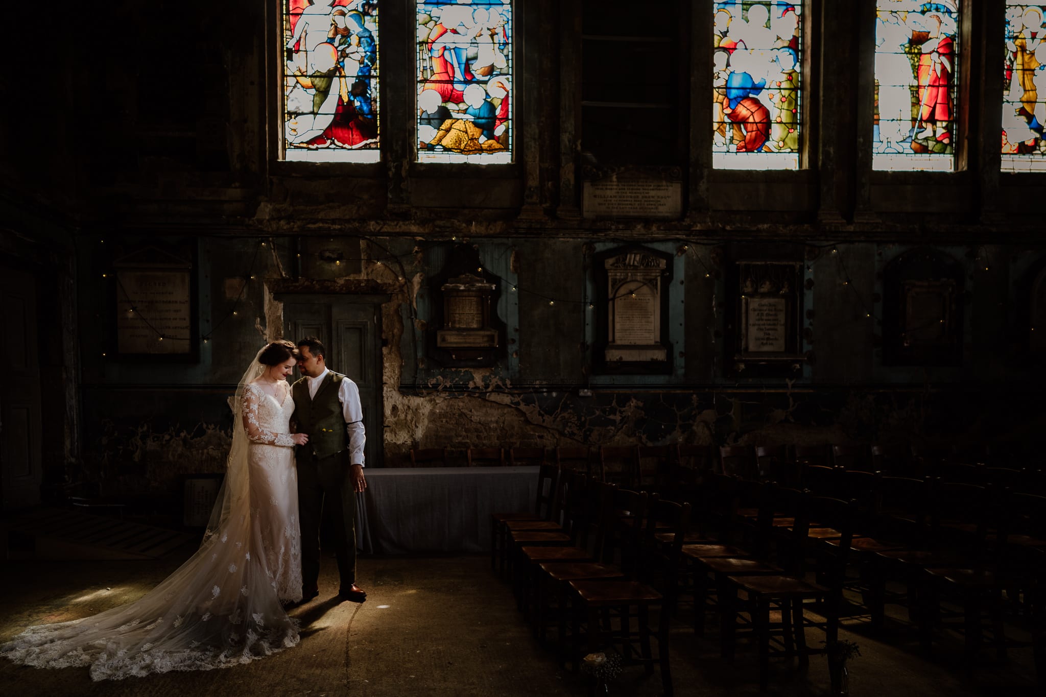 Light on couple at the Asylum, London Wedding Photographer
