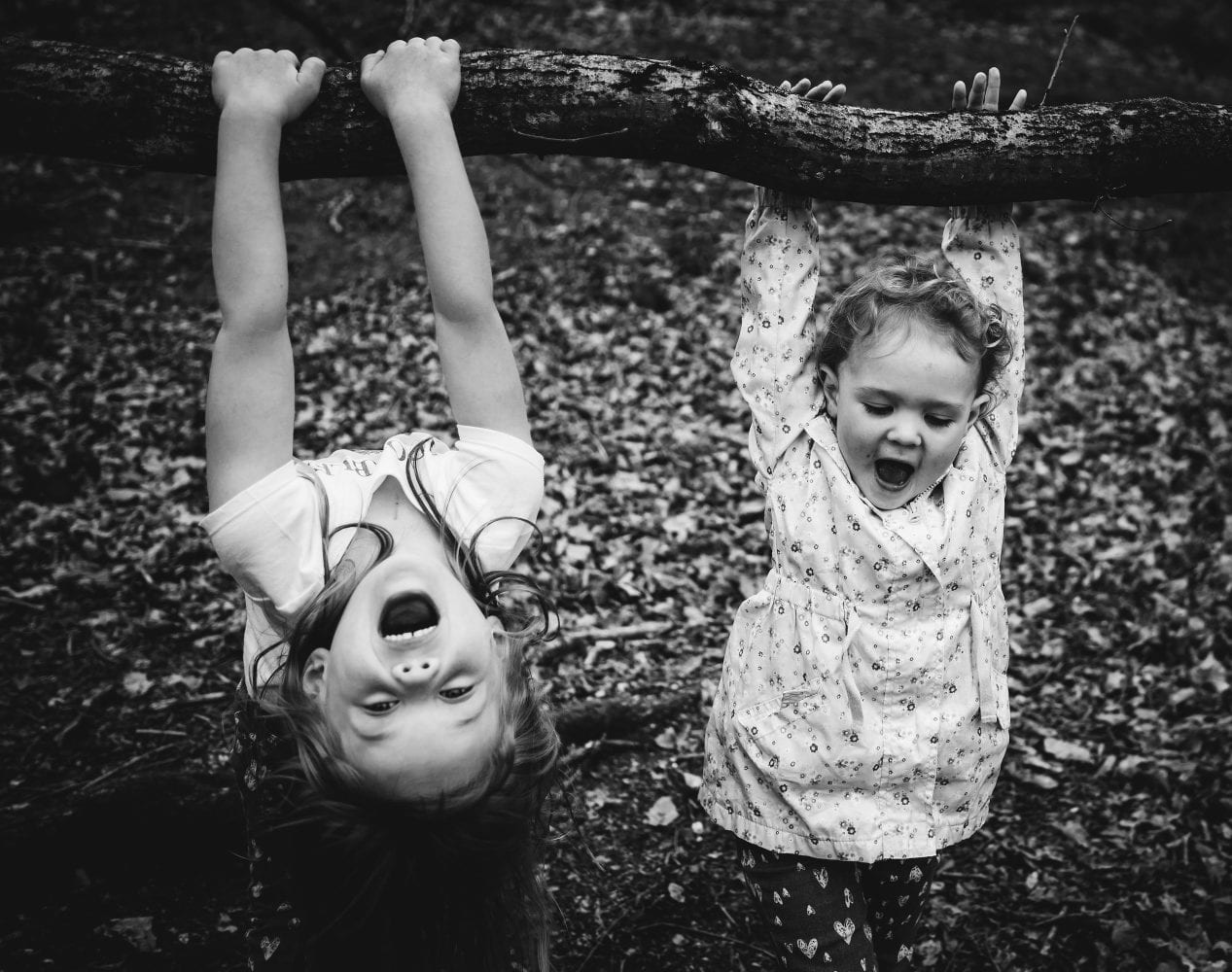 2 girls hanging off trees in the woods