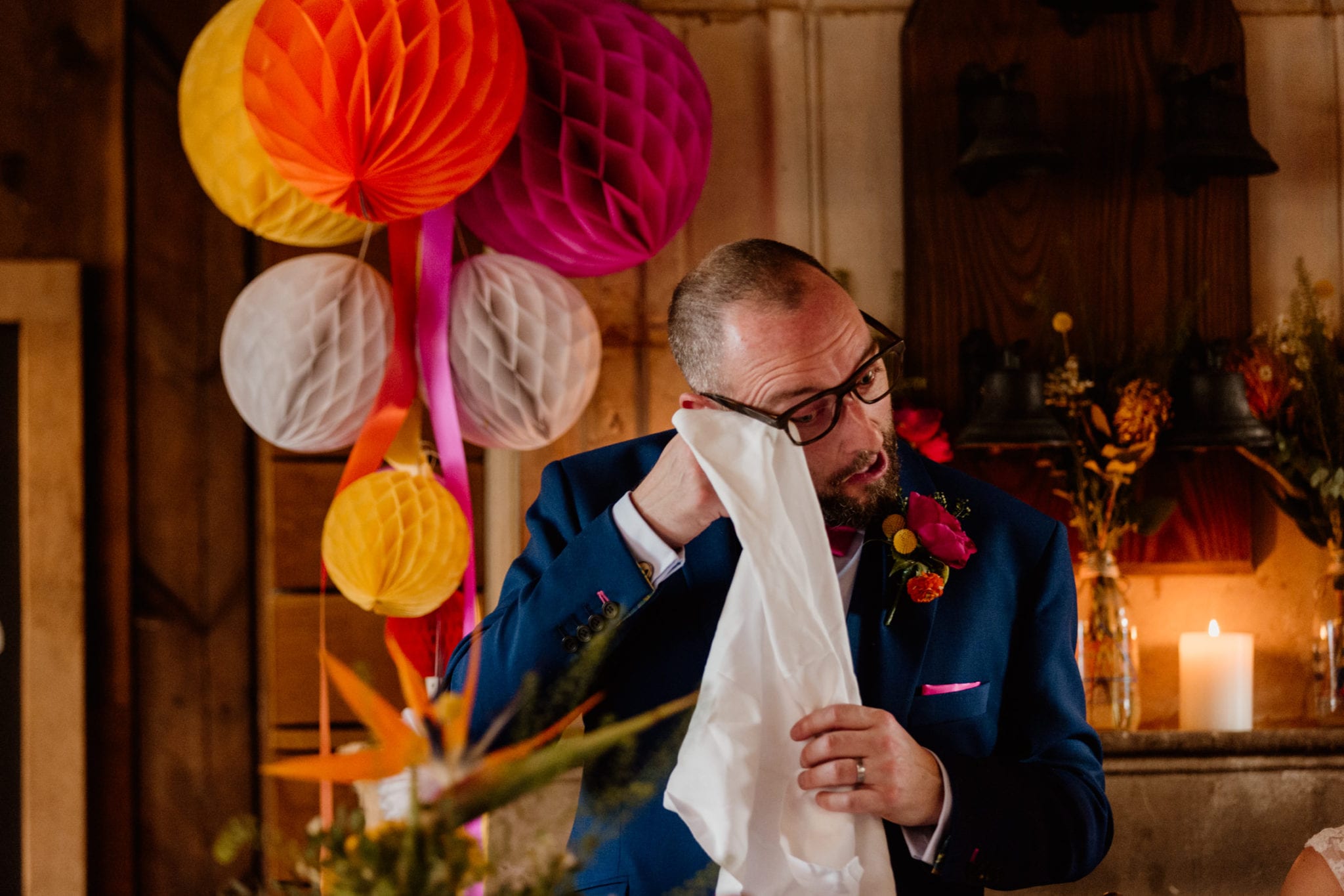 Groom crying during his speech at a wedding at The Five Bells in Stanbridge
