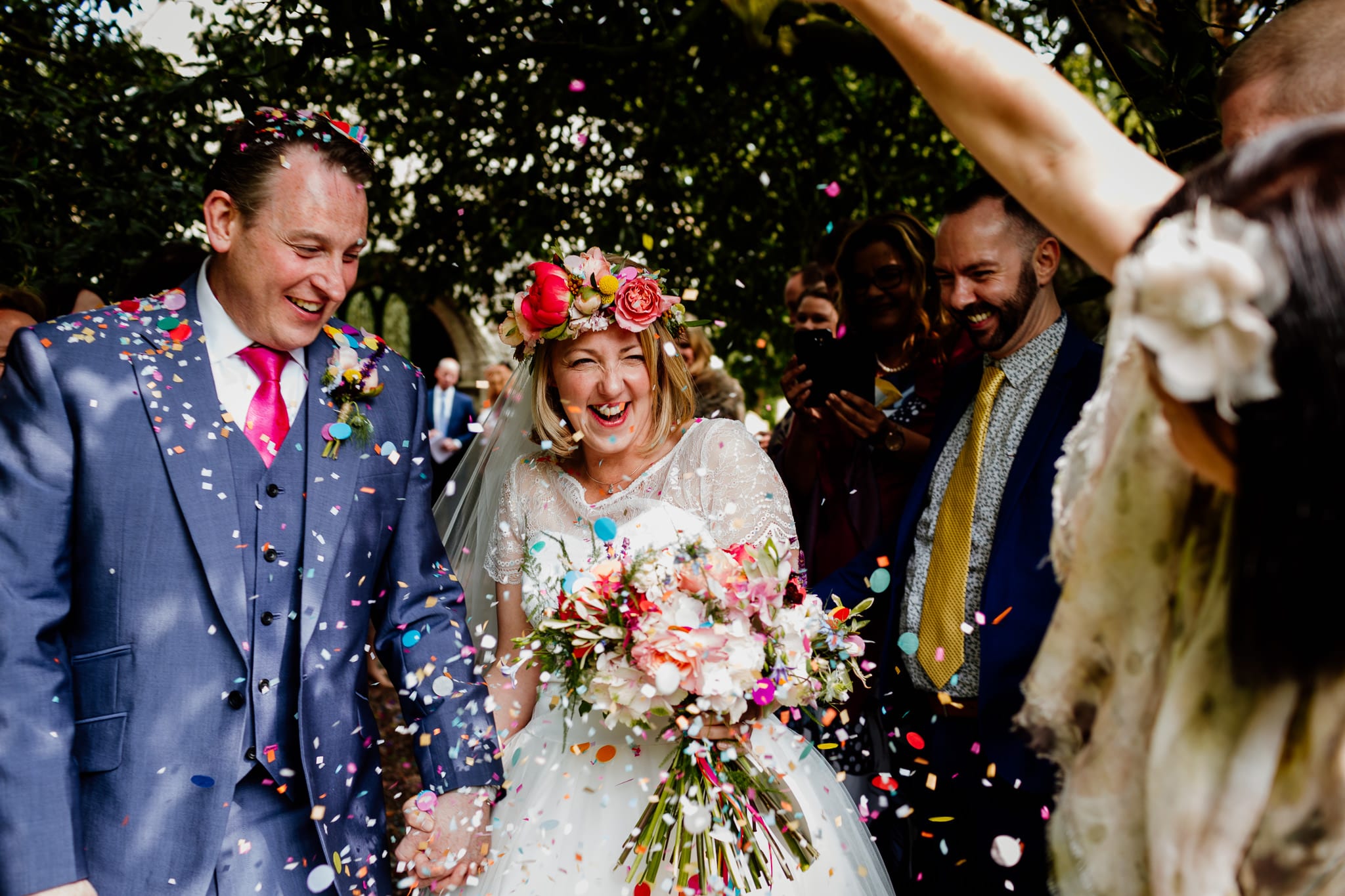 Awesome colourful confetti at warwickshire wedding photography