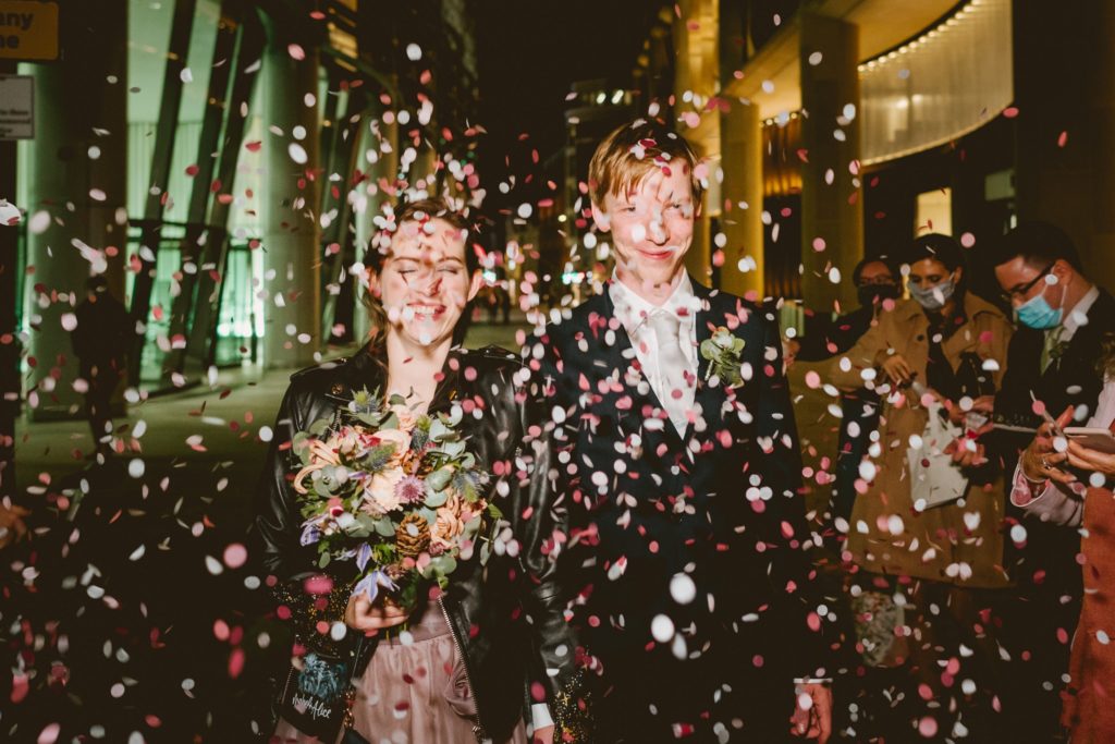 Wedding confetti outside Vinoteca in London