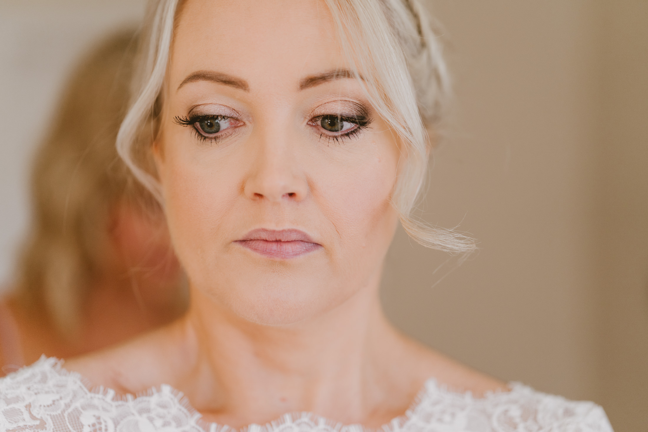 Bride looking nervous before her wedding at Notley Abbey