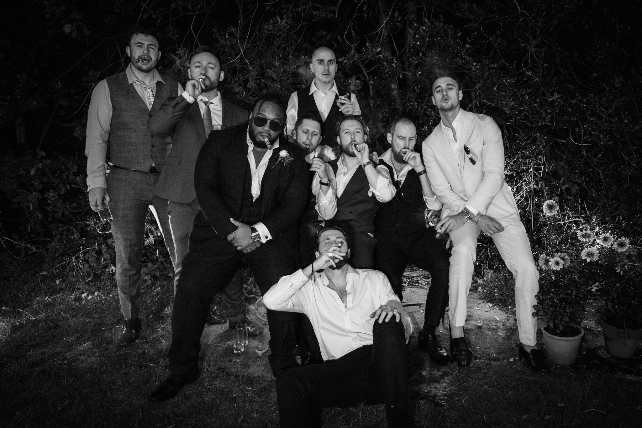 Groom and pals relacing with cigars - Bedfordshire Wedding Photographer